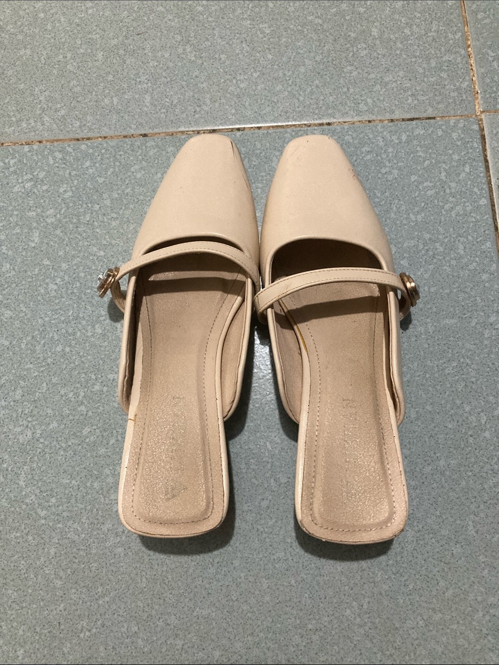 Women's Beige Square-Toe Mary Jane Mules with Strap